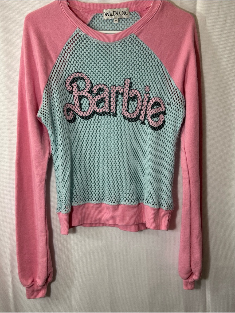 Wildfox x Barbie Pink Raglan Sweatshirt with Light Blue Mesh Panel